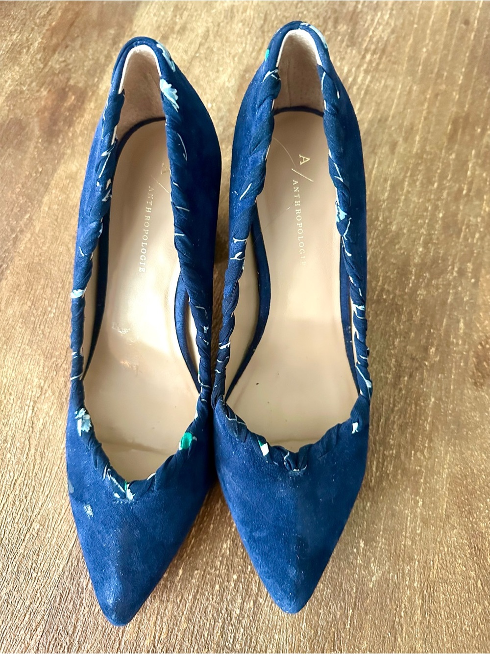 Anthropologie Suede Whipstitch Navy Blue Block Heel
